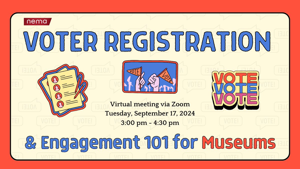 As civic institutions, museums are excellent places to offer voter registration &amp; engagement. On 9/17, join us virtually to learn basic strategies to help you organize a voter effort even if you have limited resources.

Sign up on the NEMA website: ow.ly/qCmO50TeEVP