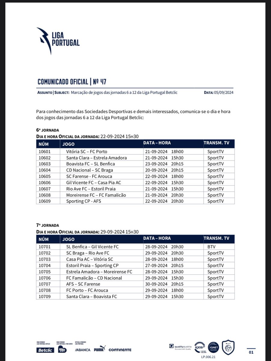 JNCsport's tweet photo. A Liga Portugal divulgou esta quinta-feira os horários da 6.ª à 12.ª jornadas da Liga Portugal Betclic 2024/25, com destaque para o Benfica-FC Porto, clássico referente à 11.ª jornada da competição. https://t.co/oFRF6zQvc0