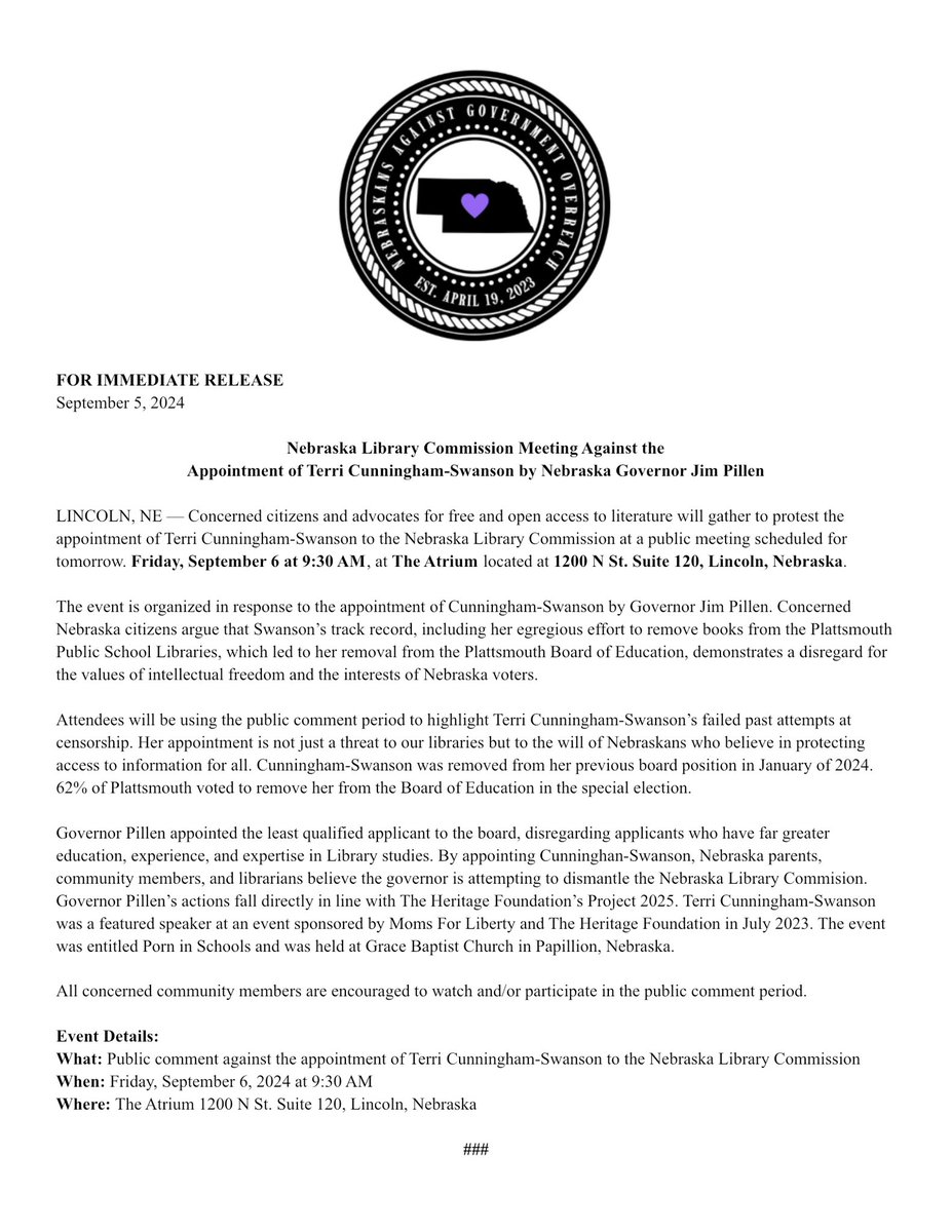 #Nebraska #librarycommission #governor #pillen #pressrelease Sharing is caring. 🫶🏻🇺🇸