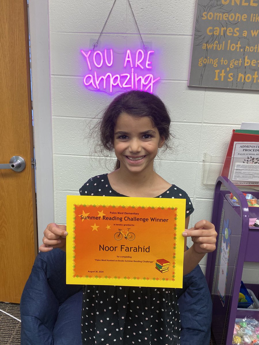 Congrats to Noor for being the lucky winner of the Palos West summer reading raffle! She is excited to pick out her new bike!! 🚲 📚