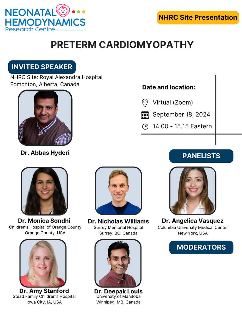 The next NHRC Site Presentation is September 18th @ 2pm ET on Preterm Cardiomyopathy. 
Dr. Abbas Hyderi will be joined by panelists Drs. Monica Sondhi, Nicholas Williams &amp; Angelica Vasquez! us02web.zoom.us/webinar/regist…
#neotwitter #neohemodynamics