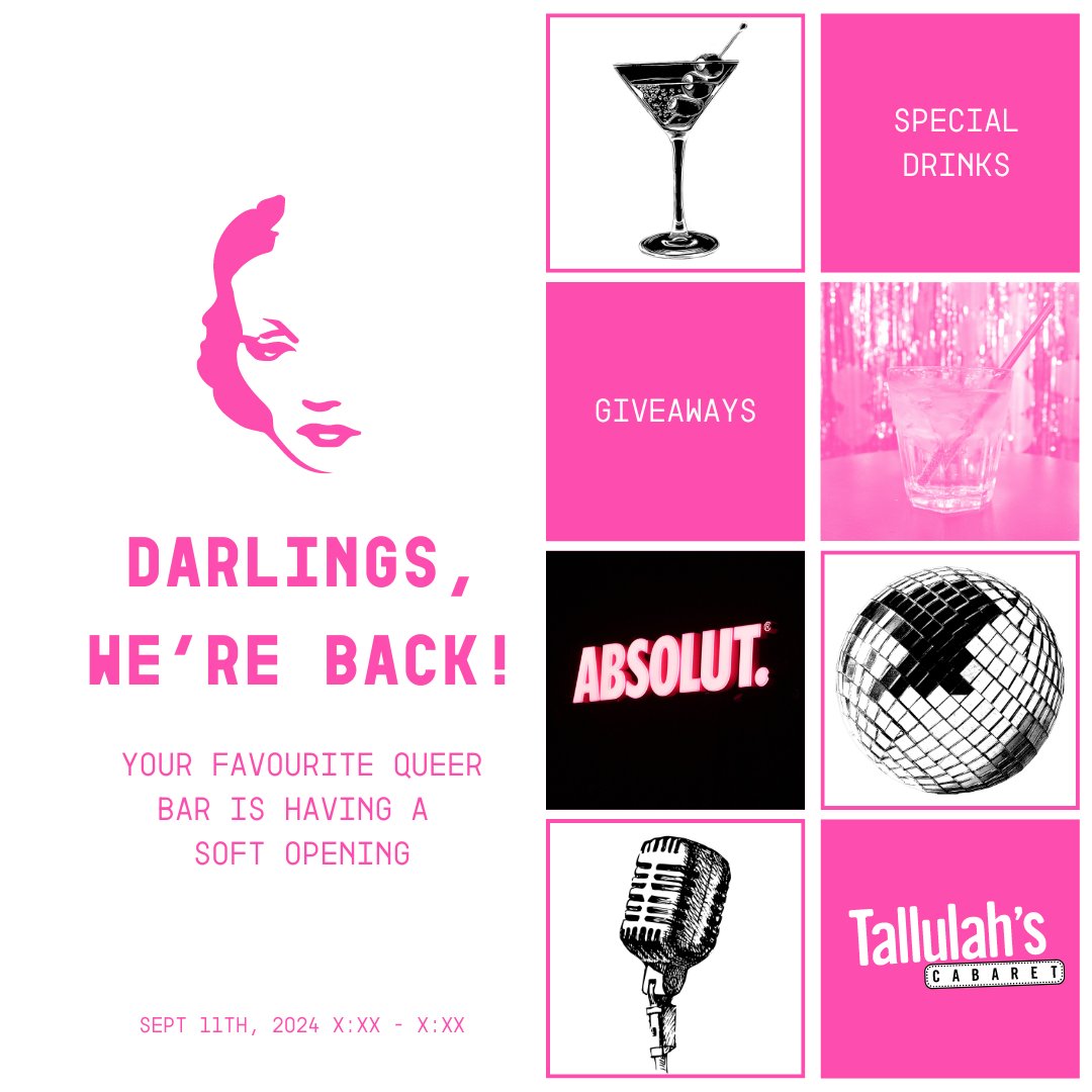 TallulahsCab's tweet image. 📣 DARLINGS, WE'RE BACK!
Wednesday // September 11th // 6:30pm

Did you miss us?
We missed you and we can't wait to see you at our soft opening!
There will be special drinks, giveaways and more 🍸 🪩 !

#wereback #softopen #queerbar #giveaway #supportqueerbusiness