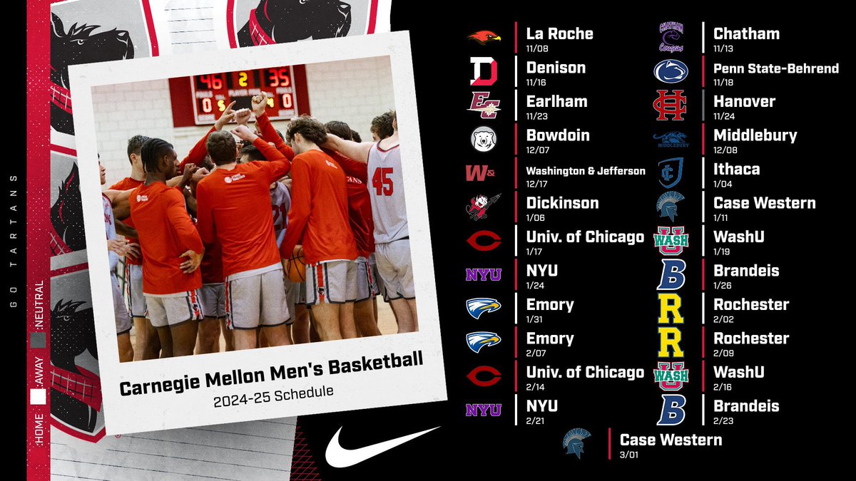 🚨 SCHEDULE RELEASE 🚨

- First game in the new Highmark Center 11/8
- Hosting UAA Challenge 12/7-12/8
- 13 home games

#TartanProud 🔴⚫️🏀