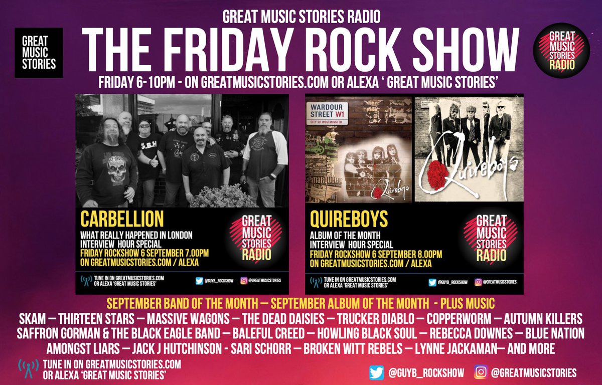 Guy B (@guyb_rockshow) on Twitter photo In 24 hours the Friday Rockshow returns! Hour specials with <a href="/SpikeQuireboys/">The Quireboys Spike Official</a> & <a href="/carbellion/">Carbellion</a>, Band of the Month and tunes @bluenationmusic <a href="/SKAM_UK/">SKAM</a> <a href="/MassiveWagons/">Massive Wagons</a> <a href="/SaffronGorman/">Saffron Gorman and The Black Eagle Band</a> <a href="/TheDeadDaisies/">The Dead Daisies</a> <a href="/JackJHutchinson/">Jack J Hutchinson</a> <a href="/balefulcreed/">BALEFUL CREED</a> <a href="/copperwormUK/">Copperworm</a> <a href="/truckerdiablo/">truckerdiablo</a> <a href="/autumnkillers/">Autumn Killers</a> & many more x In 24 hours the Friday Rockshow returns! Hour specials with <a href="/SpikeQuireboys/">The Quireboys Spike Official</a> & <a href="/carbellion/">Carbellion</a>, Band of the Month and tunes @bluenationmusic <a href="/SKAM_UK/">SKAM</a> <a href="/MassiveWagons/">Massive Wagons</a> <a href="/SaffronGorman/">Saffron Gorman and The Black Eagle Band</a> <a href="/TheDeadDaisies/">The Dead Daisies</a> <a href="/JackJHutchinson/">Jack J Hutchinson</a> <a href="/balefulcreed/">BALEFUL CREED</a> <a href="/copperwormUK/">Copperworm</a> <a href="/truckerdiablo/">truckerdiablo</a> <a href="/autumnkillers/">Autumn Killers</a> & many more x