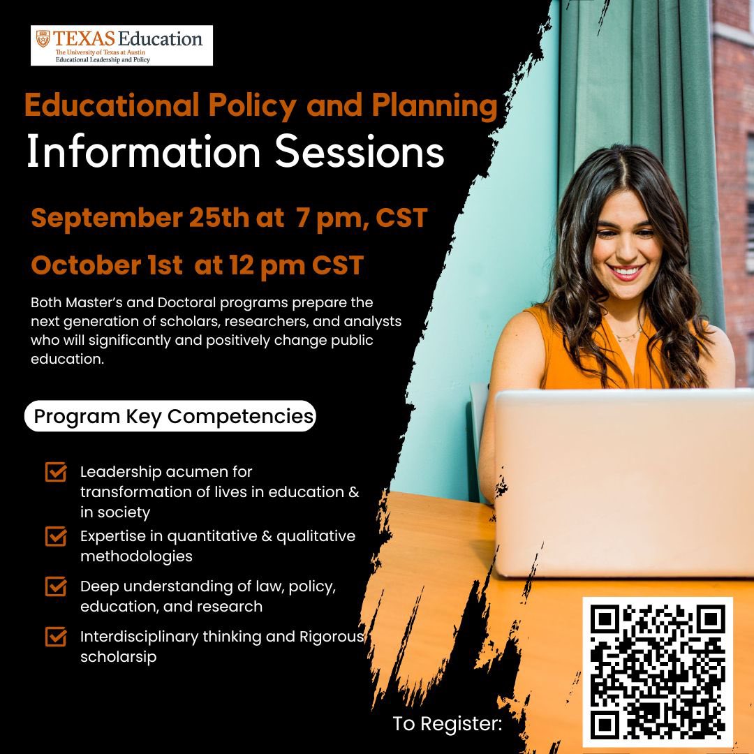 🎓 Thinking about applying to the Ed Policy &amp;Planning M.Ed. or Ph.D. program <a href="/utexascoe/">College of Education</a>? Join our Zoom info sessions! 
Register here: utexas.qualtrics.com/jfe/form/SV_39…