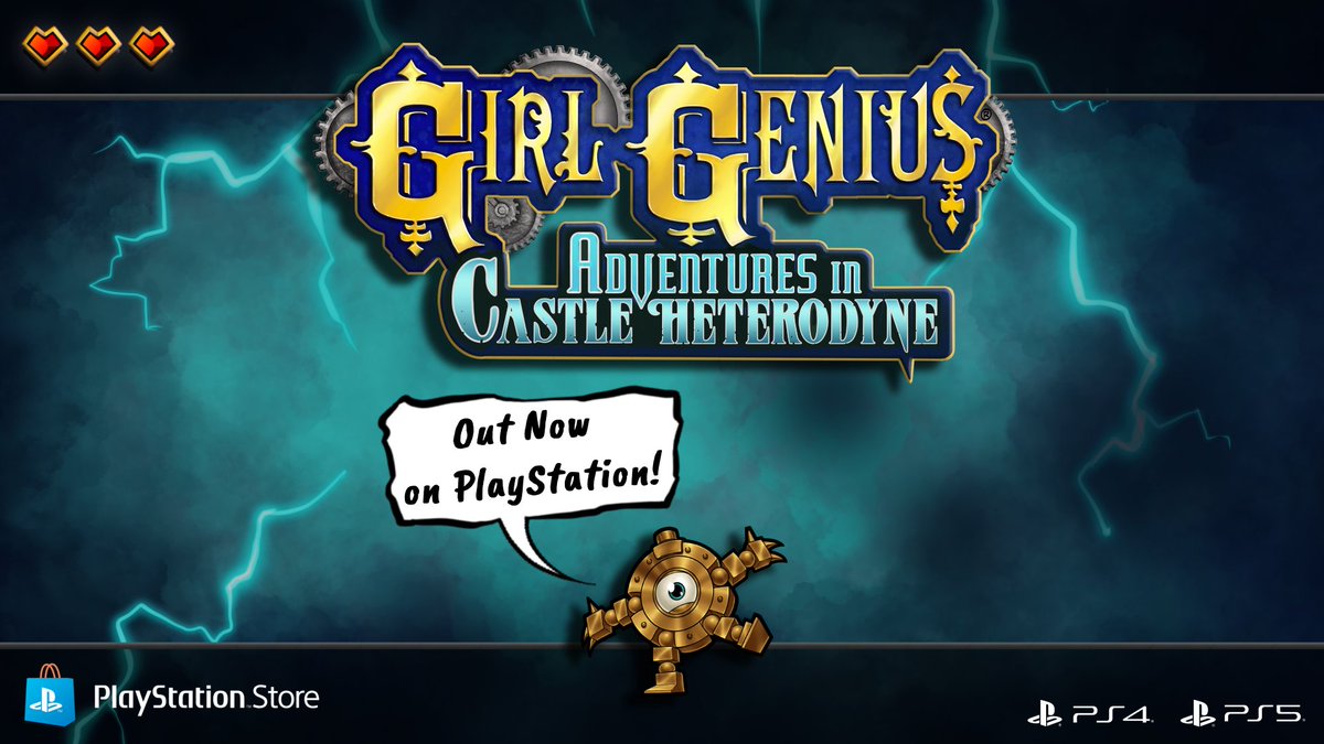 Finally, a year after its initial release,
Girl Genius: Adventures in Castle Heterodyne is 𝐎𝐔𝐓 𝐍𝐎𝐖 on 𝐏𝐥𝐚𝐲𝐒𝐭𝐚𝐭𝐢𝐨𝐧!!
#PlayStation4 &amp;&amp; #PlayStation5