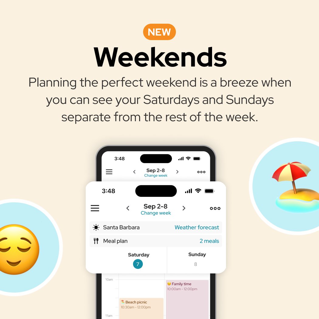 🏖️ Ready for the weekend? 

Our newest calendar feature in Maple makes planning weekends a breeze. Now you can swipe through Saturday and Sunday only in Maple calendar to track your family’s weekend plans. Try it out with promo-code: 30PLUS

Happy Weekend!