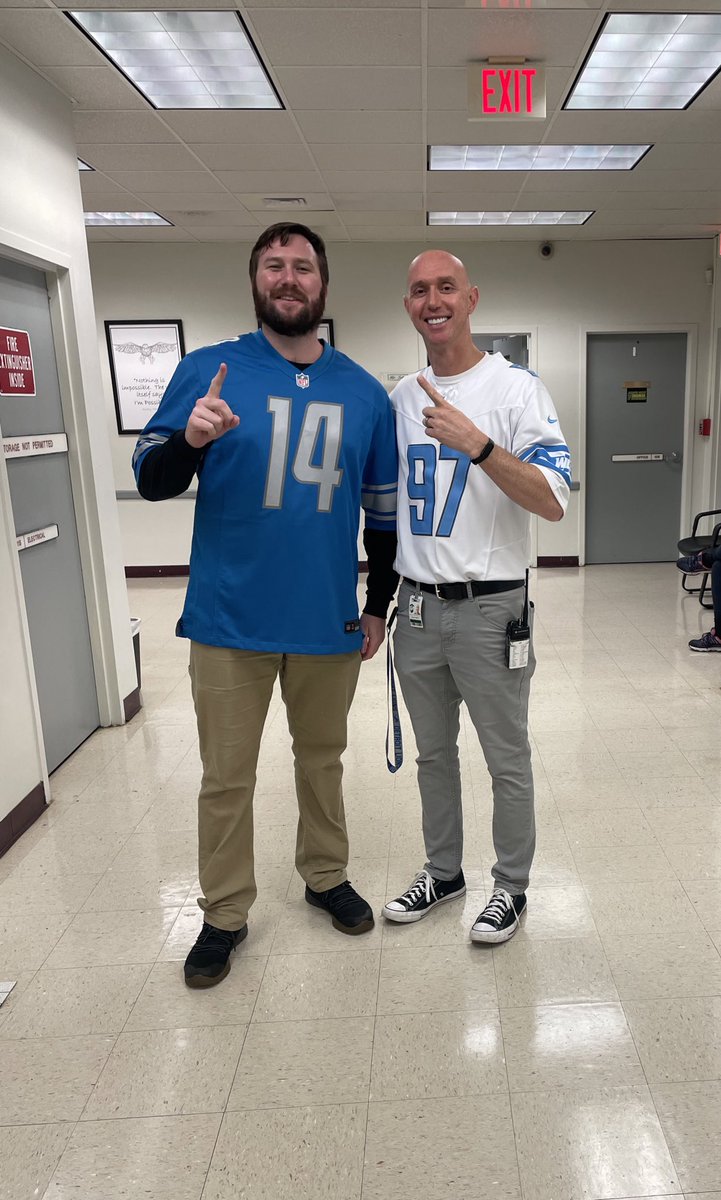 AtwoodPrincipal's tweet photo. We’re excited for the @NFL season and we’re celebrating today’s kickoff  at @SunriseFalcons by repping our favorite teams.  Of course Mr. Bluhm and I are representing the 2025 Super Bowl Champion Detroit @Lions . #RunItBack #JobsNotFinished https://t.co/0IWv2HTMyE