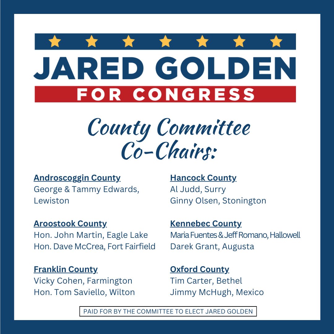 golden4congress's tweet image. TODAY: We launched re-election committees and announced co-chairs in each of the 11 counties in CD2!

I’m grateful for the support of these local leaders and Mainers in every corner of the district. Join your county committee here! bit.ly/JoinTeamGolden