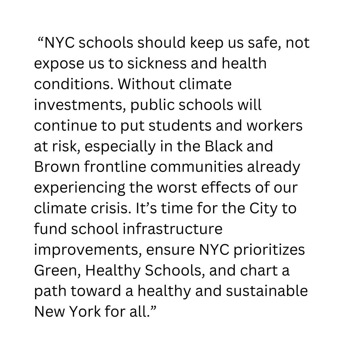 As NYC students, teachers, and workers go back to school today, we are reminded that climate justice in our schools is a matter of public health. 

It’s time for the City prioritize #GreenHealthySchools, and chart a path toward a healthy and sustainable New York for all.