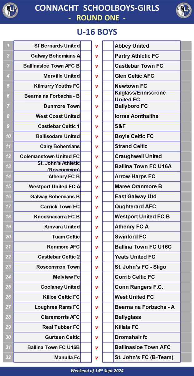 Boys - Connacht Cup
Rd 1 DRAWS
U-12, 14, 16

#connachtcups