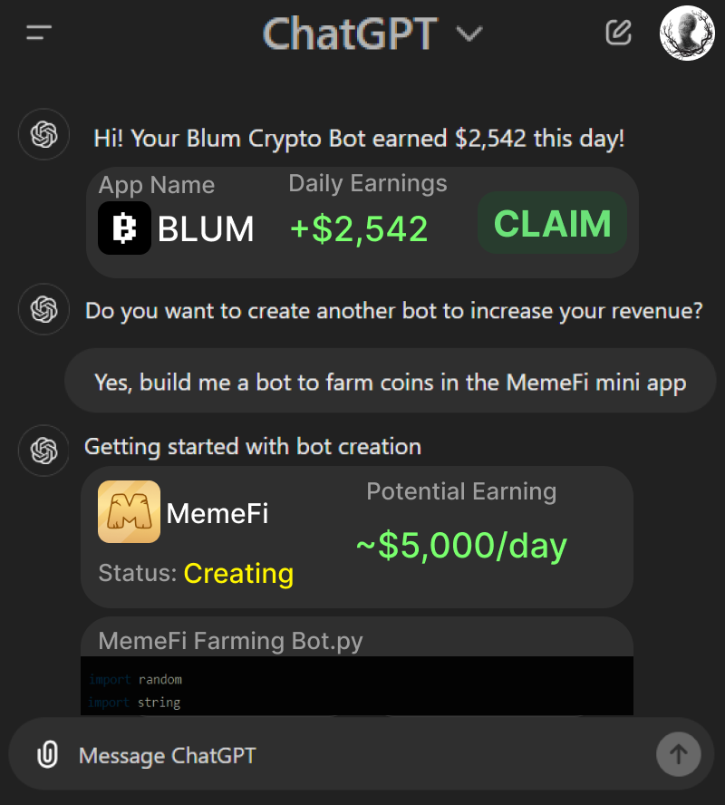 0xDepressionn's tweet photo. Telegram mini apps is the best way to earn your first $10k

To automate my work with them, I use ChatGPT

How to create a bot for TG app &amp; Start earning on it 🧵⬇️ https://t.co/UB3l8qJmyL