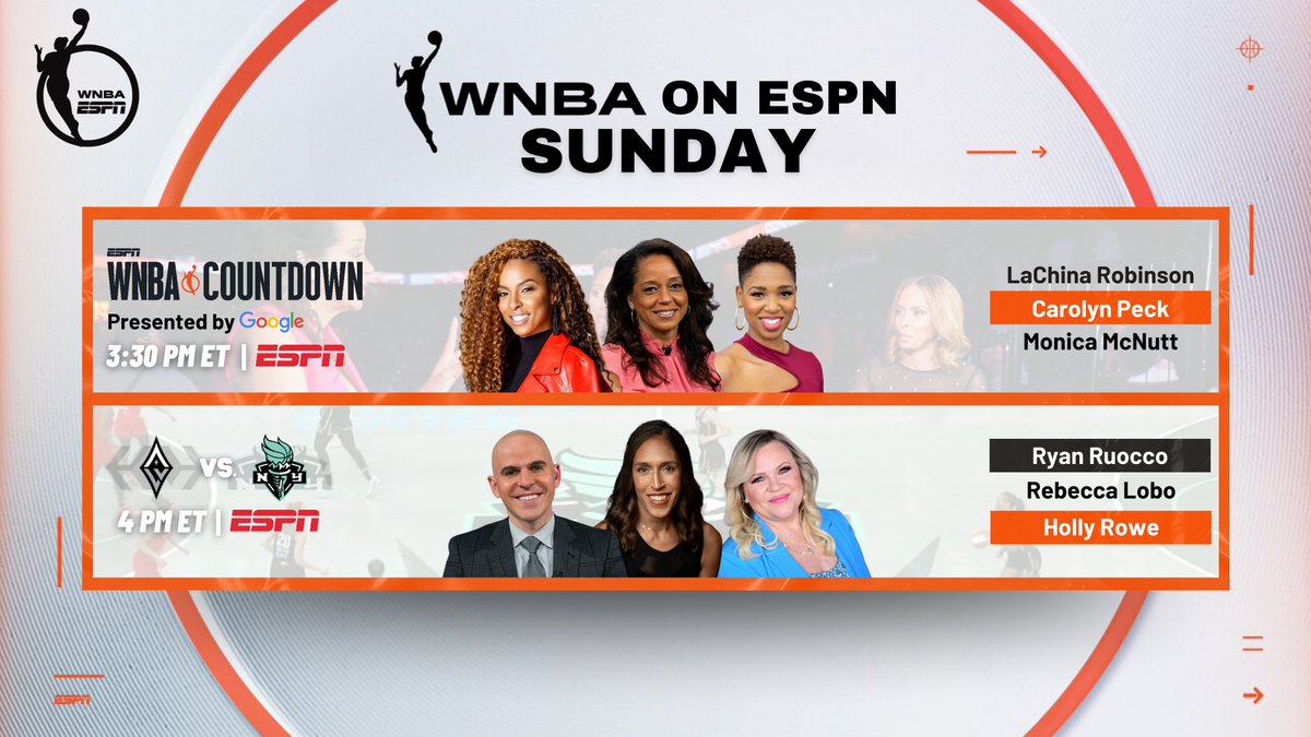 Sunday, ESPN continues its coverage of the 2024 #WNBA season

🏀 3:30p ET | WNBA Countdown
🏀 4p ET | #ALLINLV vs #LIGHTITUPNYL