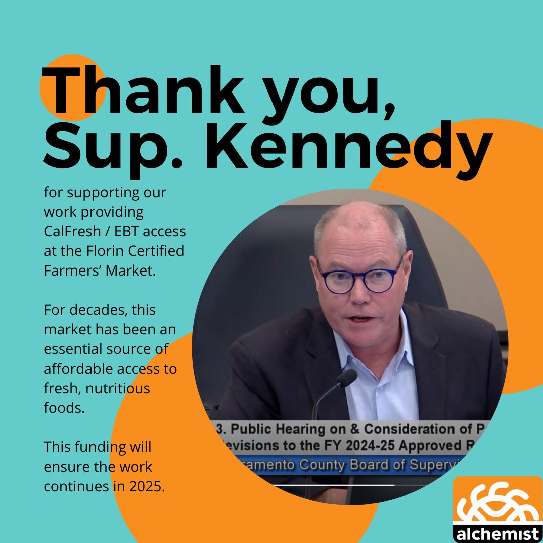 Alchemist Community Development Corporation (@alchemistcdc) on Twitter photo We would like to express our sincere gratitude to <a href="/SacCountyCA/">Sacramento County</a> Sup. Patrick Kennedy, who committed county funds yesterday to fully support CalFresh/EBT access at the Florin Certified Farmers' Market in 2025! This will keep the market accessible for low-income residents! We would like to express our sincere gratitude to <a href="/SacCountyCA/">Sacramento County</a> Sup. Patrick Kennedy, who committed county funds yesterday to fully support CalFresh/EBT access at the Florin Certified Farmers' Market in 2025! This will keep the market accessible for low-income residents!