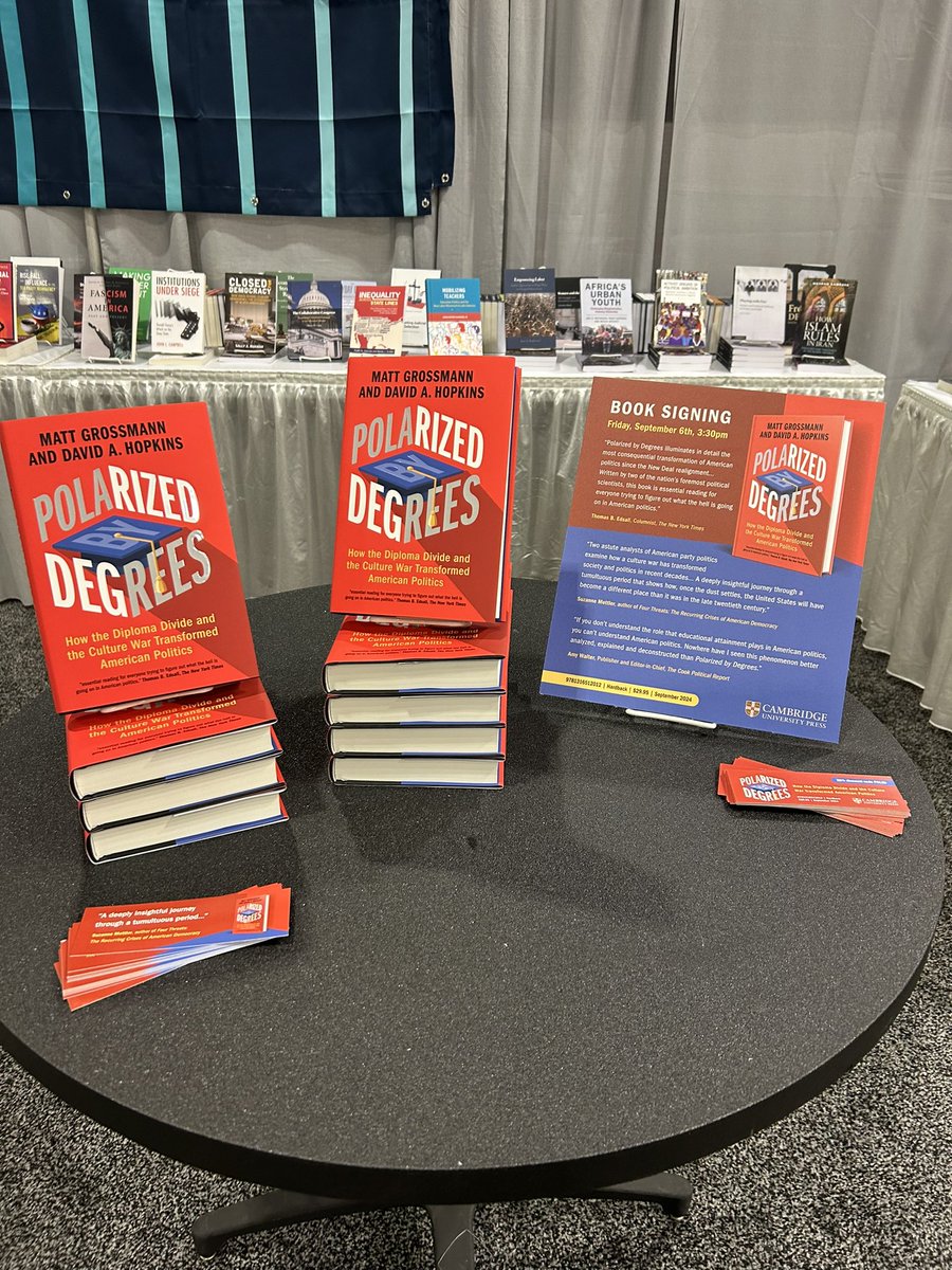 OUT NOW: “Polarized by Degrees: How the Diploma Divide and the Culture War Transformed American Politics.”

Come by the <a href="/CUP_PoliSci/">Cambridge University Press - Politics</a> booth tomorrow afternoon at 3:30pm for a book signing with authors  <a href="/MattGrossmann/">Matt Grossmann</a> &amp; <a href="/DaveAHopkins/">David A. Hopkins</a>. Did I mention it’s 60% off?!

#APSA2024