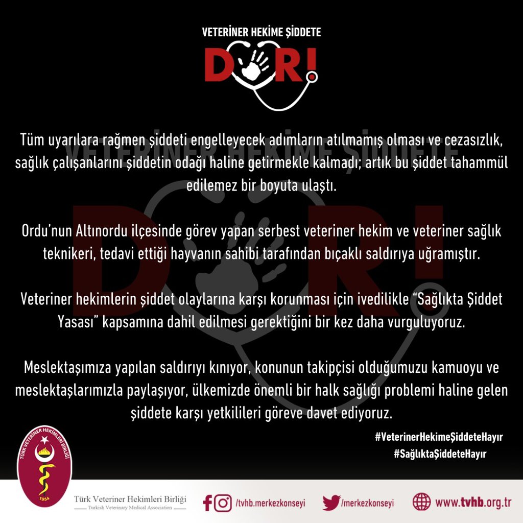 Tüm uyarılara rağmen şiddeti engelleyecek adımların atılmamış olması ve cezasızlık, sağlık çalışanlarını şiddetin odağı haline getirmekle kalmadı; artık bu şiddet tahammül edilemez bir boyuta ulaştı.

Ordu’nun Altınordu ilçesinde görev yapan serbest veteriner hekim ve veteriner