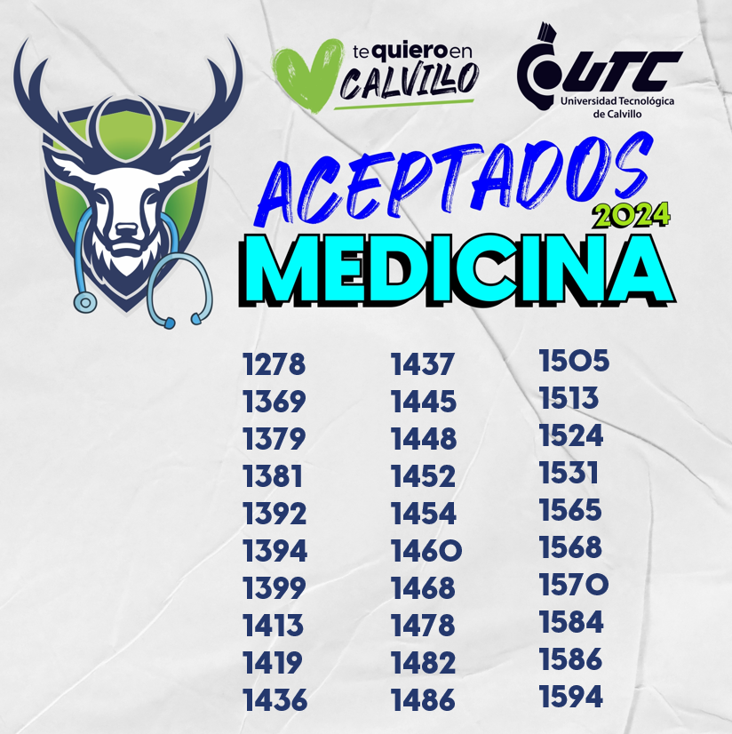 🎉 ¡SEGUNDA LISTA DE ACEPTADOS EN LA CARRERA DE MEDICINA! 👩🏻‍⚕️🥼

¡Enhorabuena a todas y todos los seleccionados! 🥳💚 Es hora de iniciar tu #ProcesoDeInscripción 🚨  ¡Te esperamos!
📍UTCalvillo
🕜 8:00am-4:00pm 
⚠️ Inicio de clases 9 de septiembre ⚠️
 #TeQuieroEnCalvillo💚