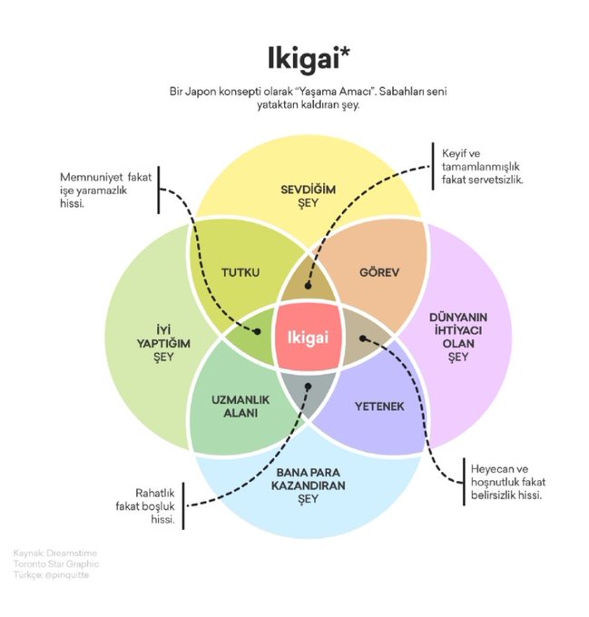Ikigai, bir Japon konsepti olarak yaşama amacını ifade ediyor. Sizi sabah yataktan kaldıran şey nedir? Uzun ve mutlu bir yaşam için hepimizin bir ikigai'ye sahip olması gerekiyor. Eğer uğraştığımız şeyi seviyorsak, bu işte iyiysek, bize para kazandırıyorsa ve dünyaya faydalı bir
