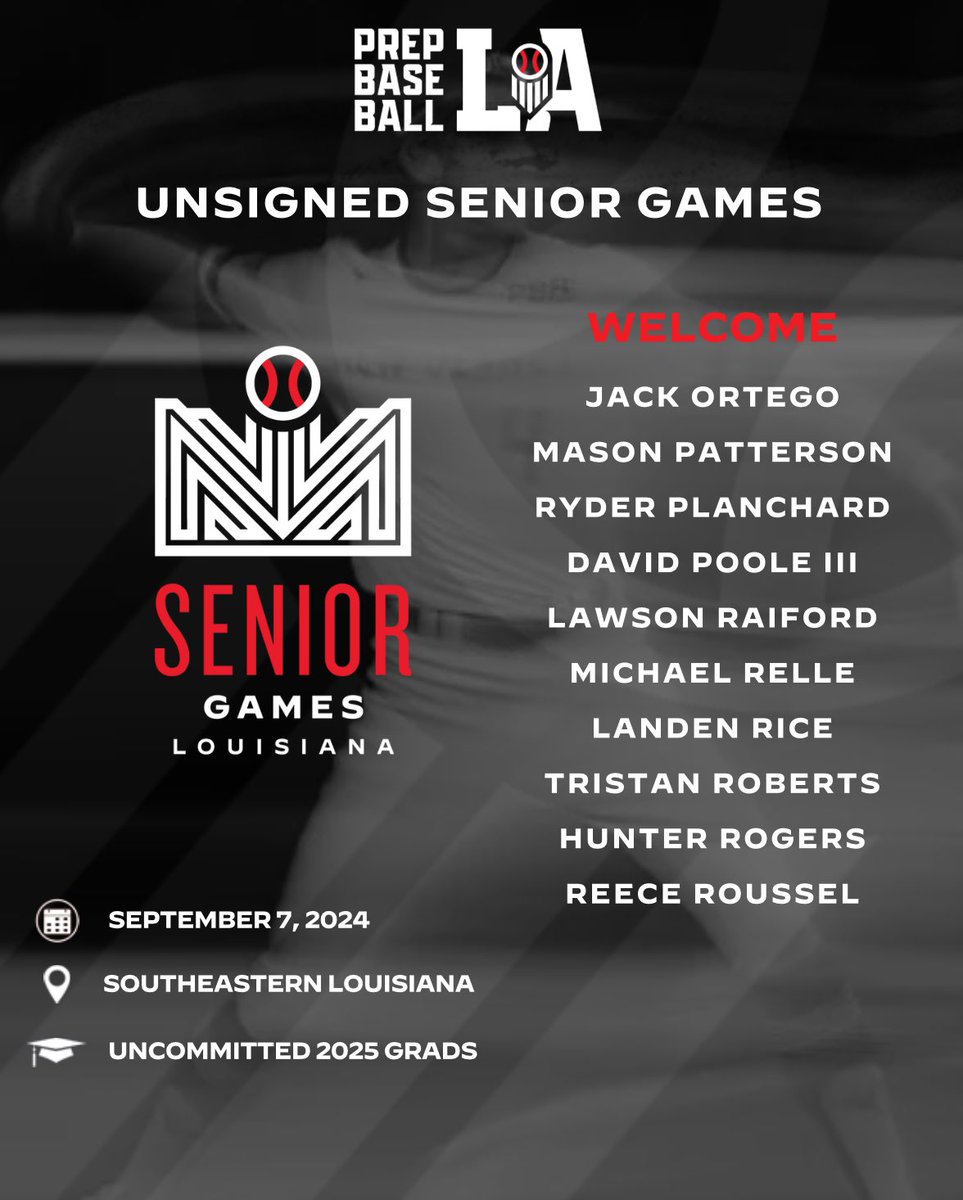 👋 𝐋𝐀 𝐒𝐞𝐧𝐢𝐨𝐫 𝐆𝐚𝐦𝐞𝐬

We’d like to welcome the following players to our #LASeniorGames24 on 09/07/24 at <a href="/LionUpBaseball/">Southeastern Baseball</a>.  Event info with complete roster &amp; more below 👇. #BeSeen

<a href="/AlexArmandPBR/">Alex Armand</a> 

🔗 loom.ly/vfgJMQs