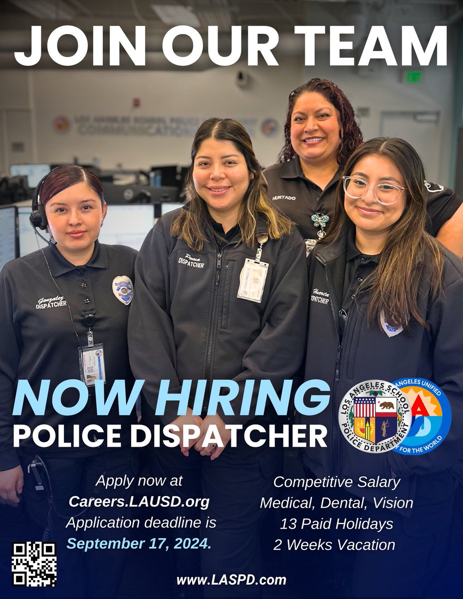 LASchoolPolice's tweet photo. The application for the position of #PoliceDispatcher is open for just a couple more weeks. Visit https://t.co/mb0b8Smmbj to start your application today!
☑️Competitive Salary & Benefits
☑️Medical, Dental, Vision
🚨Deadline to apply is September 17, 2024.
#LASPD #Dispatch https://t.co/UmJDQM1n3w