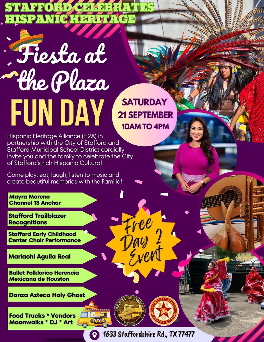 In honor of Hispanic Heritage Month, The City of Stafford and Stafford Municipal School District would like to invite you to join us for Fiesta at the Plaza, Saturday, September 21st from 10 AM to 4 PM! Come out and enjoy food, fun, music, laughter, and priceless memories!