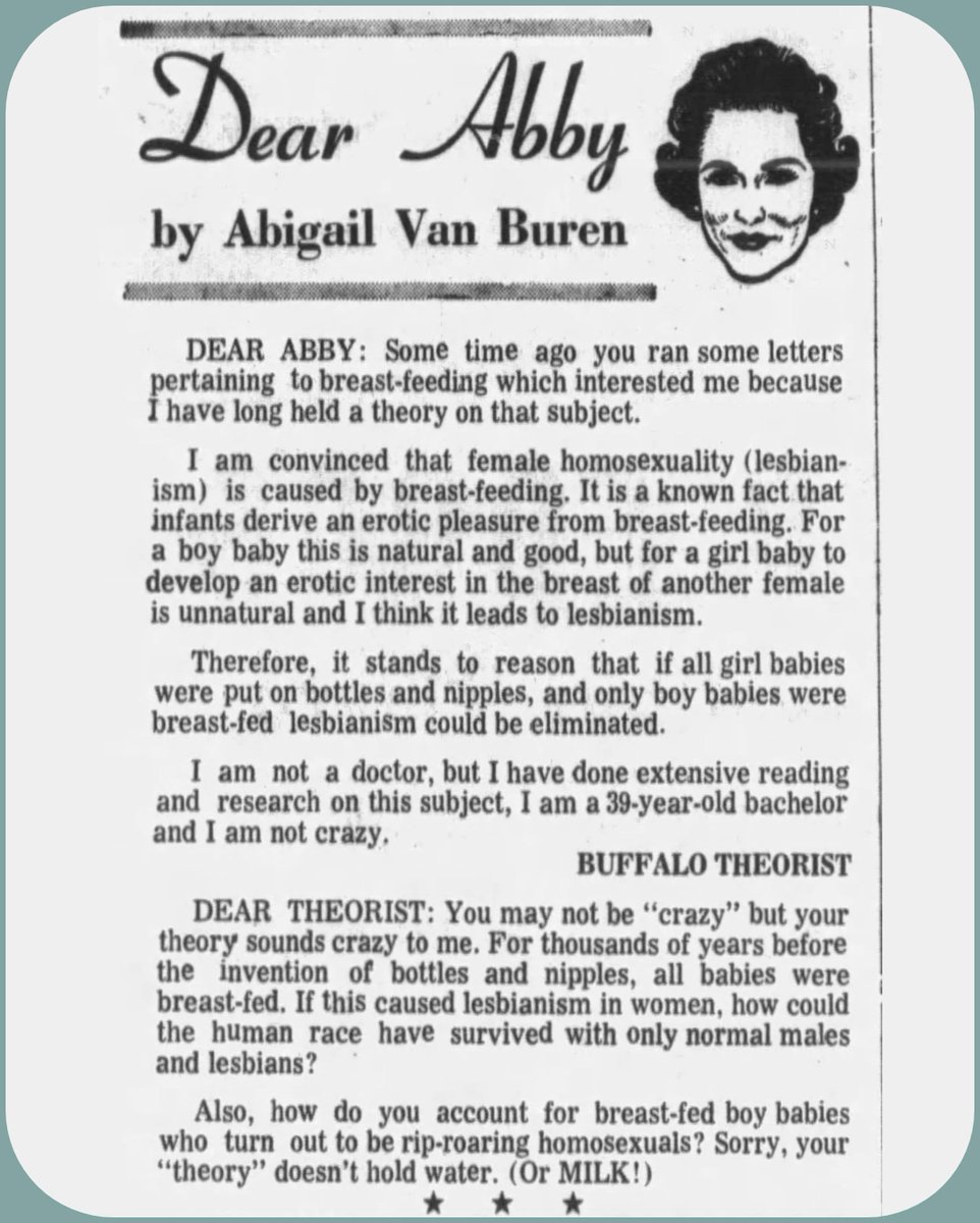 A Dear Abby from the 1970s about breastfeeding and lesbians.  So in other news, it has always been like this.
