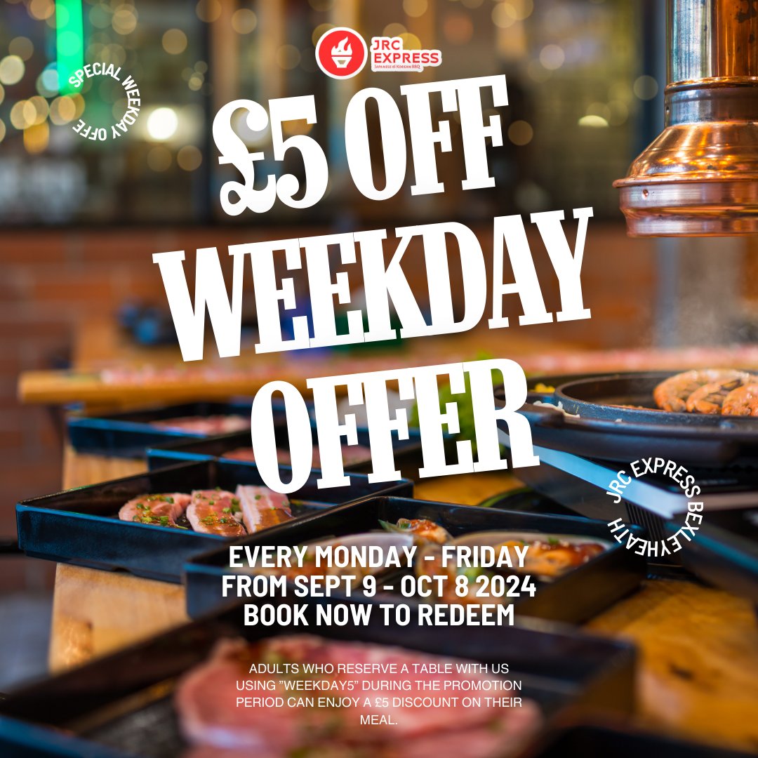 jrcexpress's tweet photo. 🎉 Weekday Savings at JRC Express Bexleyheath! 🎉
From Sept 9 – Oct 8, adults who reserve a table using the code "Weekday5" from Monday to Friday will enjoy £5 off their meal! Don’t miss out—book now and indulge in delicious food at a great price! 🍽️ https://t.co/LfhkhXIoBY