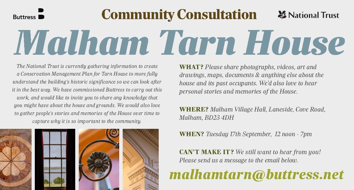 We have been appointed to create a Conservation Management Plan to understand the context and history of Malham Tarn House.

We're hosting a drop-in at Malham Village Hall for people to share their memories of the House.

📆 Tuesday 17th September, 12-7pm
📍 Malham Village Hall