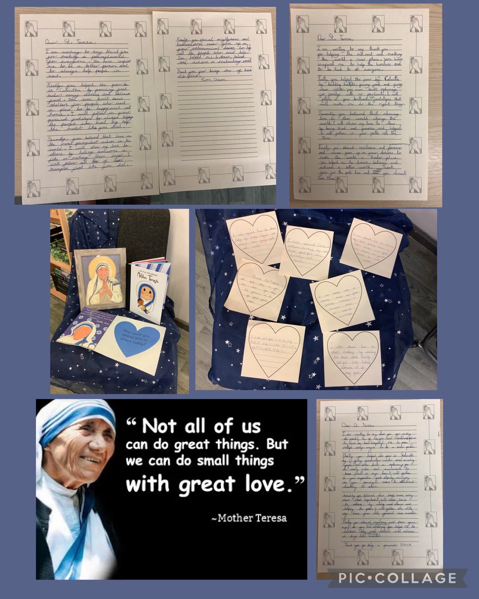 MissWheeler10's tweet photo. To celebrate the feast of St. Teresa of Calcutta #sjsbclass7 have been learning about her life, thought about how they can use her example to spread love to others and wrote letters of thanks to commemorate her work and mission #sjsbre #MakeChristKnow @daly_mrs_ @StJosephStBede https://t.co/4SEtIfVWML