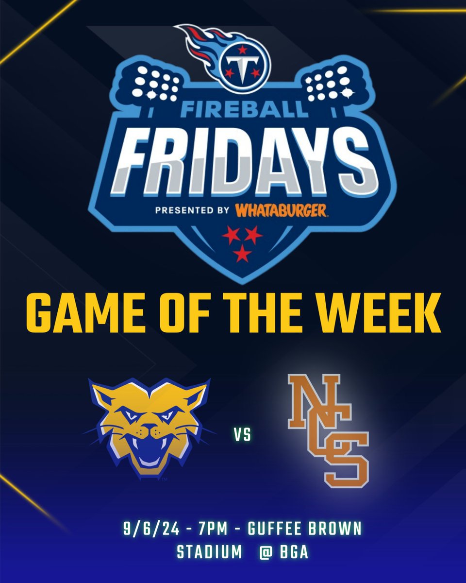 BGASports's tweet photo. The BGA Football game this Friday against NCS has been selected as the Tennessee Titans Fireball Fridays Game of the Week! Big thank you to all those who voted to make this happen!

See you tomorrow at Guffee Brown Stadium!

#conquerandprevail #BGAfootball #GOwildcats https://t.co/8pZ44wYIDm