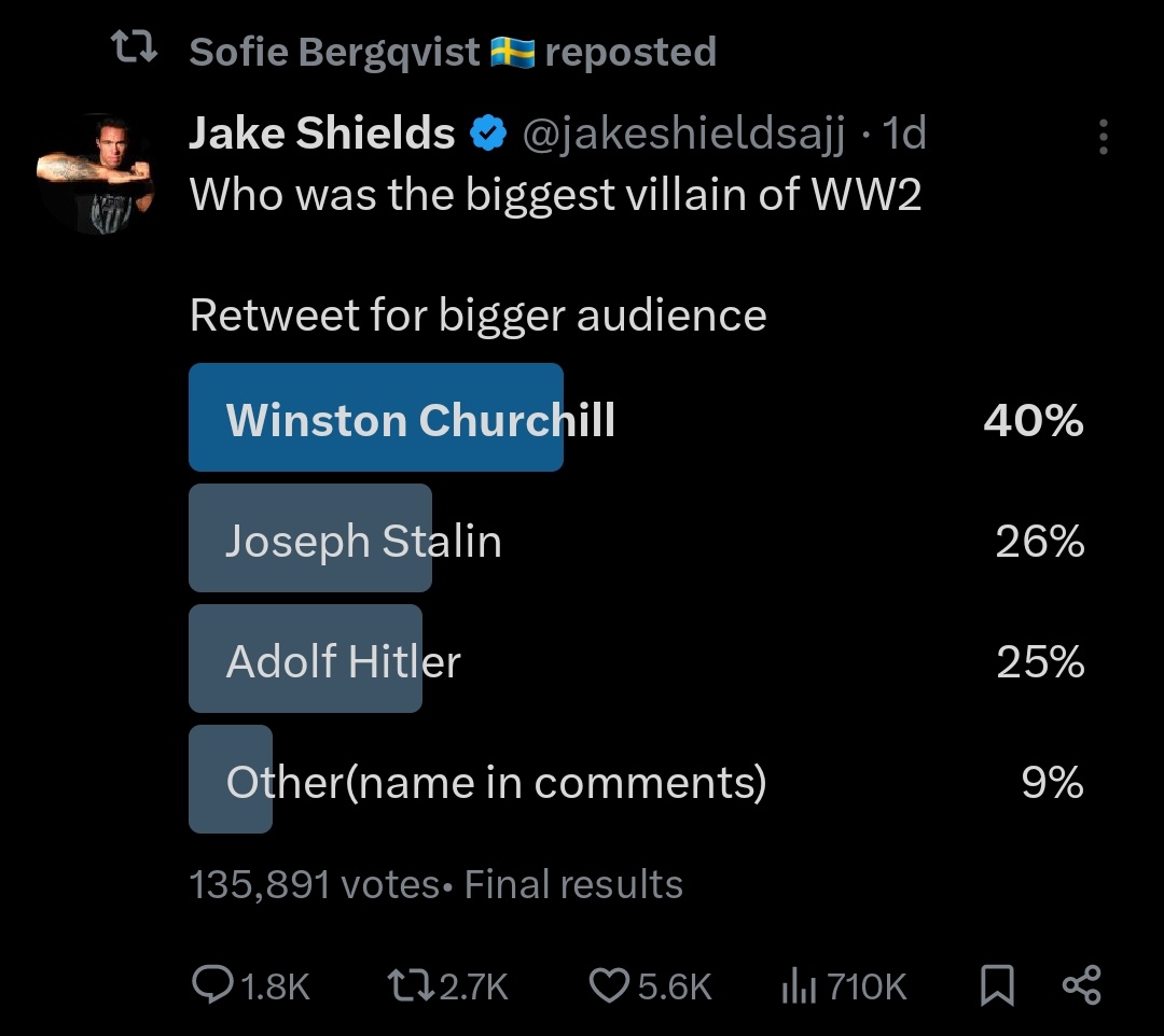 Morgan_Finnsio's tweet image. Sverigedemokraternas tjänsteman Sofie Bergqvist delar ännu ett antisemitiskt konto, denna gång med budskapet att Churchill, inte Hitler, var skurken i andra världskriget. 

Bergqvist har under lång tid delat nazistiska, fascistiska och antisemitiska konton och budskap.