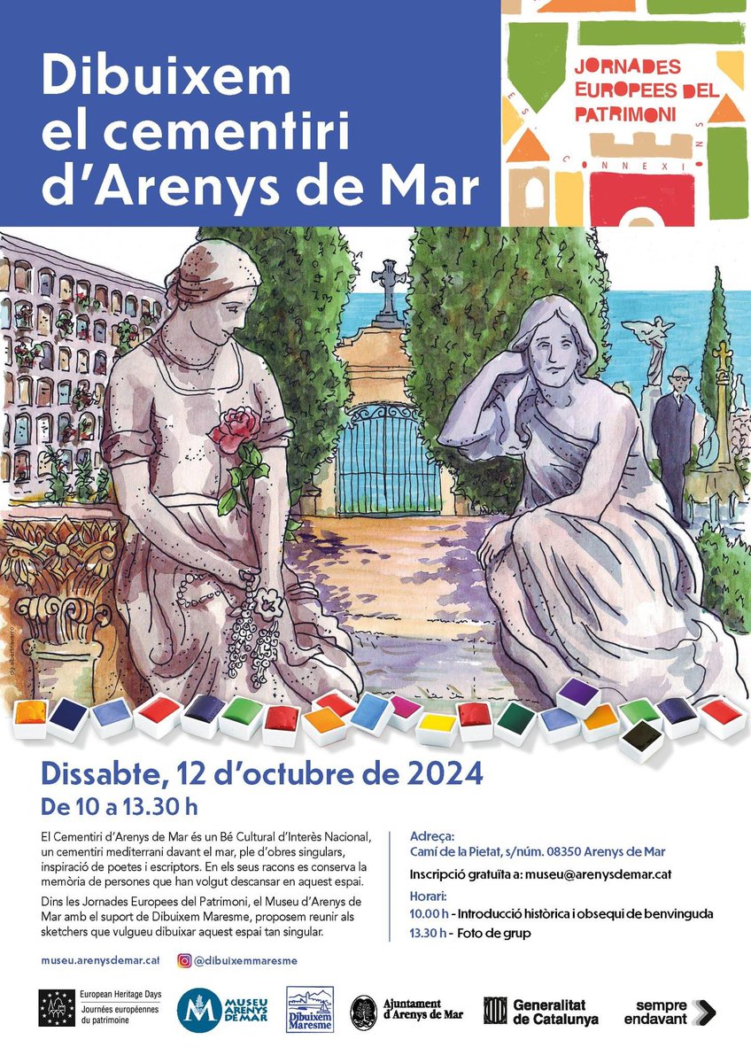 ✏️ T’agrada dibuixar?

Per celebrar les #JornadesEuropeesdelPatrimoni ens hem proposat reunir als sketchers que vulgueu dibuixar el #CementiridArenysdeMar, Bé Cultural d'Interès Nacional.

Dissabte, 12/10 de 10 a 13.30 h
Inscripció gratuita a: museu@arenysdemar.cat