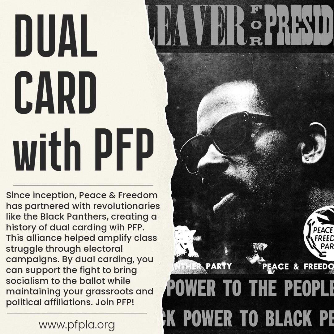 pfplosangeles's tweet photo. Since the 60s, PFP has united revolutionary movements through dual carding, beginning with groups like the Black Panthers and SDS. By dual carding, you can maintain your involvement with your current organization while using PFP’s ballot access to push real socialist candidates! https://t.co/225U0dV6bZ