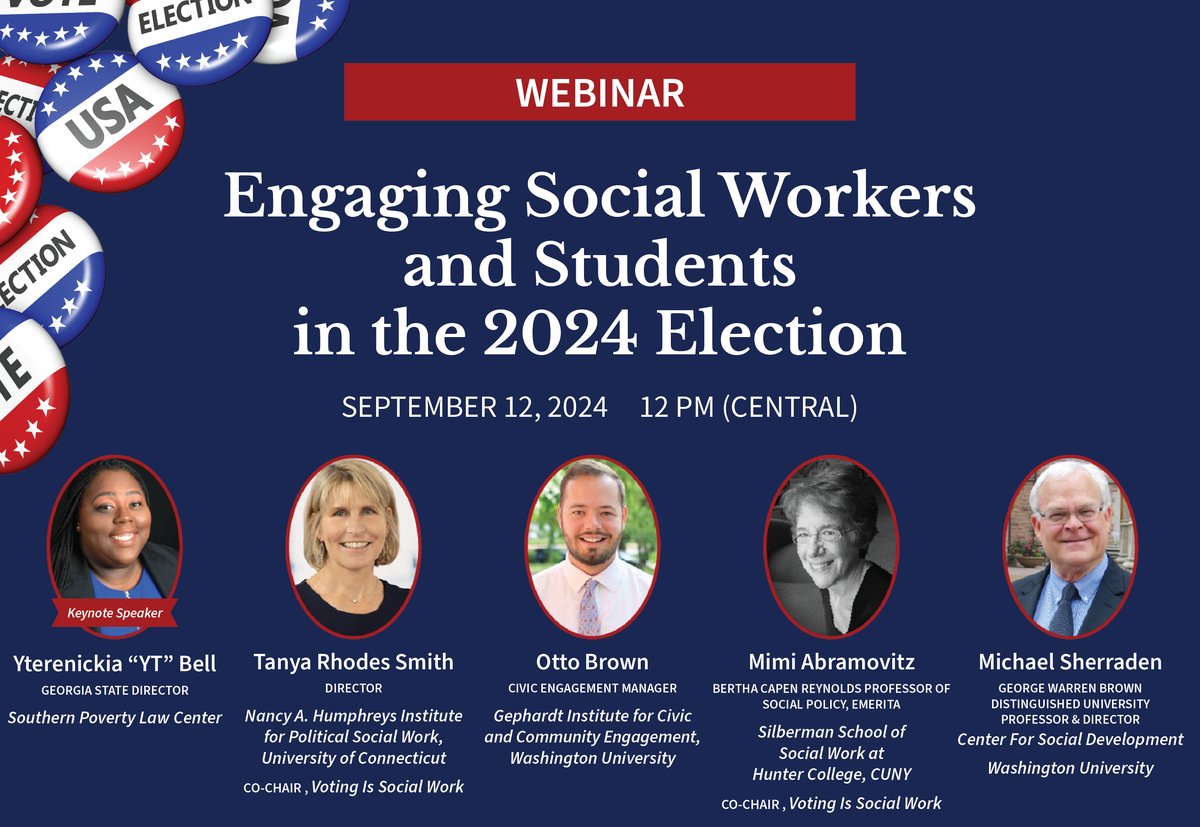 "Social workers and students are poised to play a pivotal role in shaping the course of U.S. history this November, but it can’t be done from the sidelines. Join, for a nonpartisan event on ways to get involved and make a difference." 
Registration is free:csd.wustl.edu/engaging-voter…