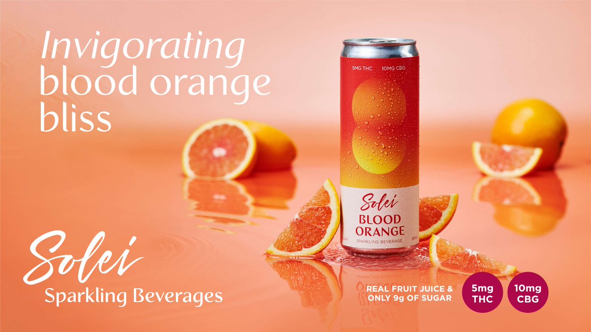 Refresh your mood with Blood Orange Sparkling Beverages. Feel energized and revitalized with the tart, floral flavours of real blood orange juice infused with 5mg THC and 10mg CBG.   🍊