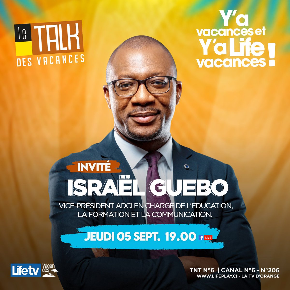 Un Abobolais à la télé.

<a href="/IsraelGuebo/">Israël Guébo</a> est l'invité du Talk des Vacances ce jeudi 5 septembre à 19h sur Life TV. Le Vice-président chargé de l'éducation, de la formation et de la communication à l'ADCI animera les réflexions sur le paysage politique à l’aube des électorales.