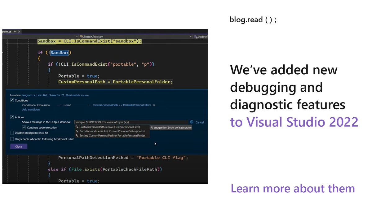 VisualStudio's tweet photo. We’ve added some fantastic new Visual Studio features to help you find and resolve bugs faster and easier than ever before. Learn about them in our recent blog post: https://t.co/8RaYZ26sVQ https://t.co/sL7e3ZxptD