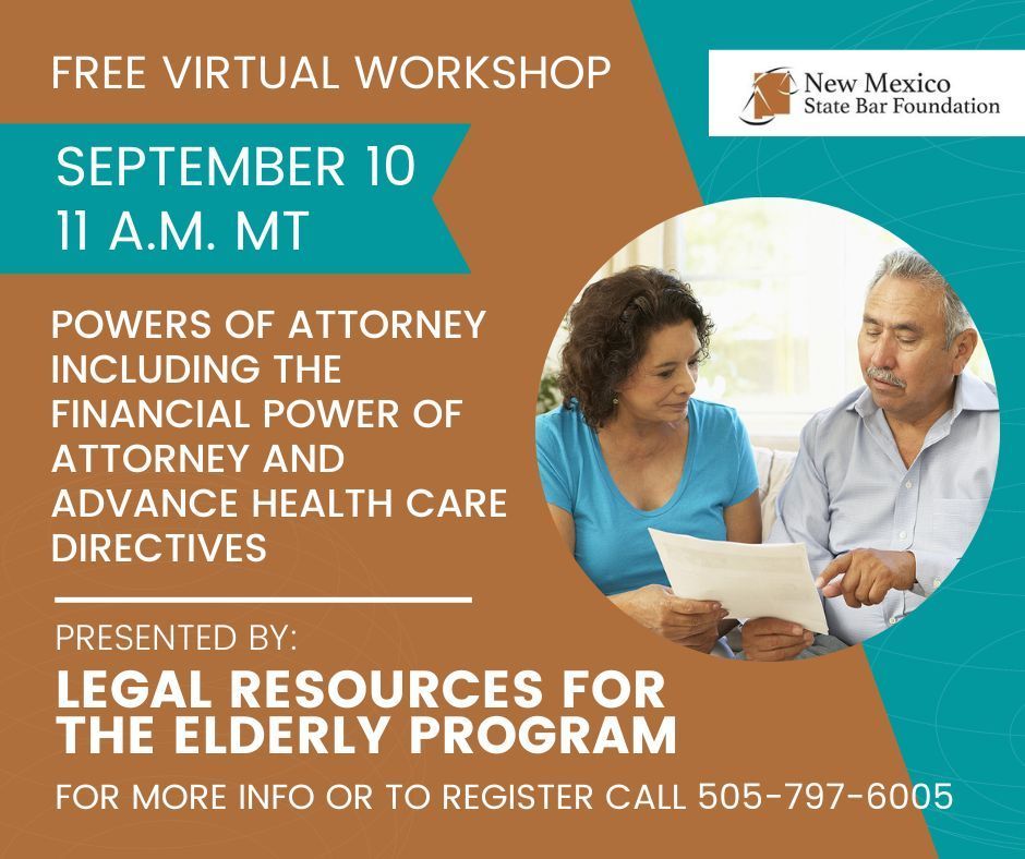 The New Mexico State Bar Foundation’s Legal Resources for the Elderly Program will be hosting a free virtual legal webinar for New Mexico residents on Sept. 10, starting at 11 a.m. (MT). Register at us06web.zoom.us/webinar/regist… or by calling 505-797-6005.