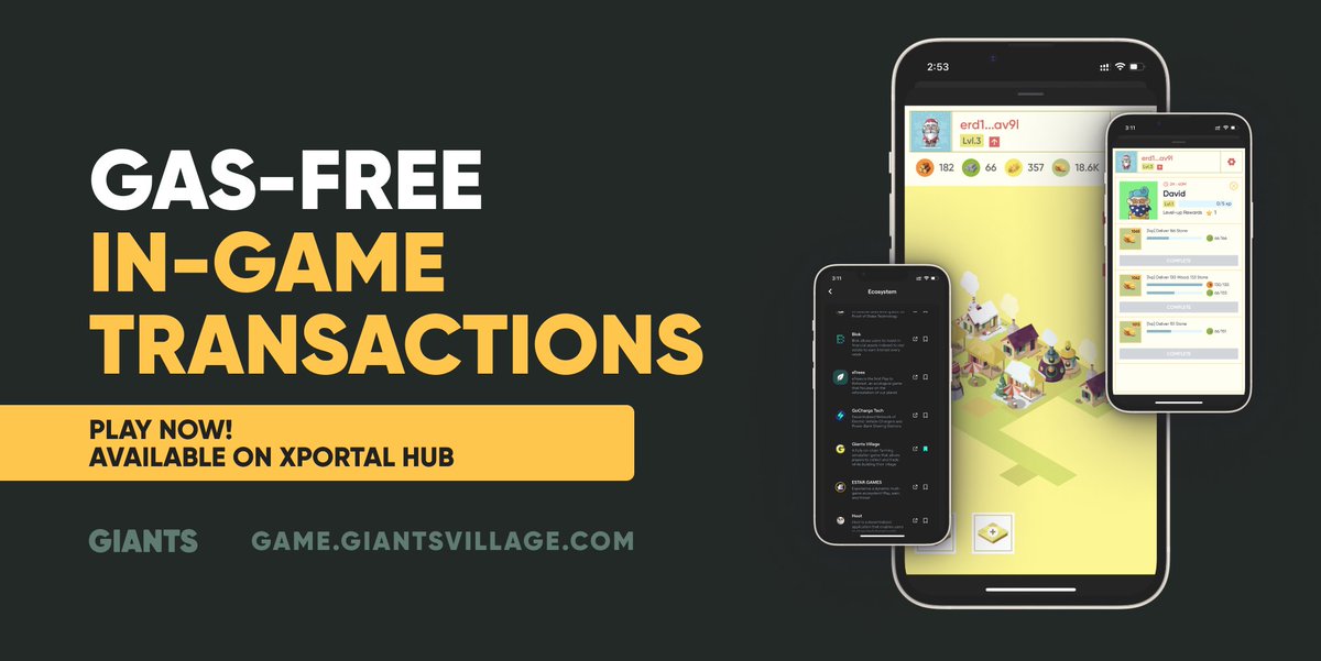 🔥 This is your sign to join the Giants Village Game and play GAS-FREE! Thank us later!✌️

With <a href="/xAllianceDAO/">xAlliance</a> and <a href="/MultiversX/">Multiversᕽ</a> support and trust, most in-game transactions are gas-free, up to $2,000/month. Play, earn, and enjoy the benefits of a top dApp in the MultiversX