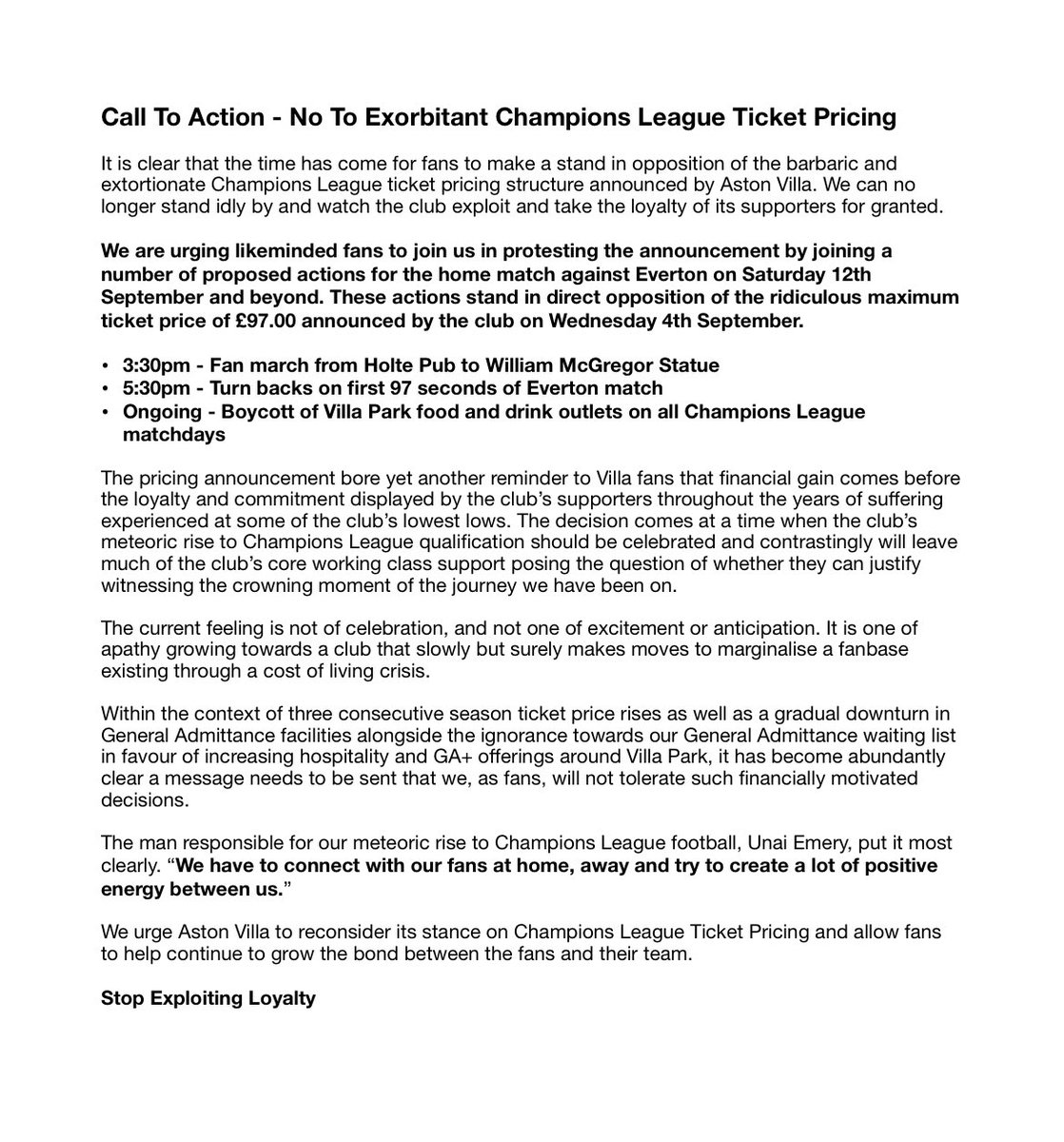 academyavfc's tweet image. We can confirm our eagerly-anticipated plans for action opposing the disgraceful Champions League ticket pricing structure announced by the club ahead of the home match against Everton.

Join us in letting the club know it is time to stop exploiting loyalty.