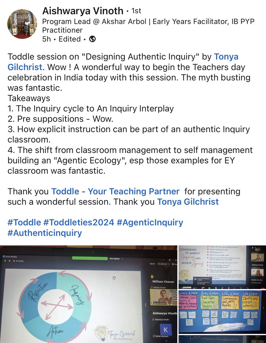 Mrs_Gilchrist's tweet image. What does an inquiry spirit mean to YOU?
I loved exploring this big question (& more) w/ hundreds of folks from all around the world today as we launched #TIES2024! 💖🎉💖
I'm sending loads of gratitude to @toddle_edu for making TIES open to all!
#just4you #PYPchat