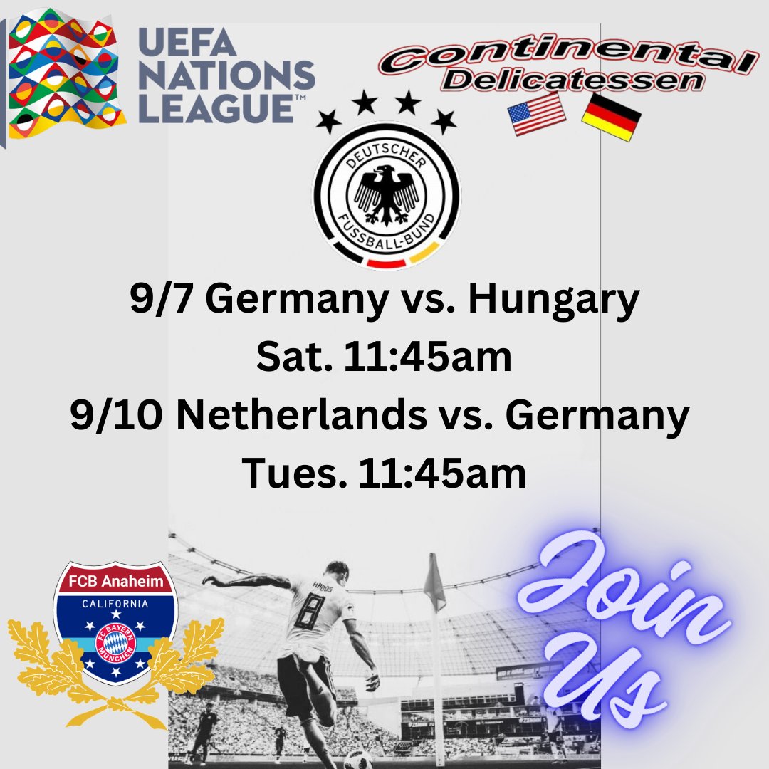 We're doing <a href="/DFB_Team_EN/">German Football</a> things this weekend! Join us at the Deli and watch the @EURO2024 UEFA Nation's League with us!
1510 W. Imperial Hwy, La Habra CA 90631
<a href="/DFB_Team/">DFB-Team</a> <a href="/FCBayernEN/">FC Bayern</a> <a href="/MiaSanHollywood/">Mia San Hollywood</a> <a href="/FCBayernLA2014/">FC Bayern München LA</a> <a href="/MiaSanFrancisco/">🏆🏆🏆 Mia San Francisco 🏆🏆🏆</a> <a href="/FCBSSD/">FC Bayern San Diego</a>