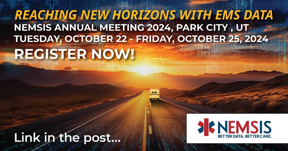 Join us for the NEMSIS Annual Meeting in Park City, UT, from October 22-25, 2024! 

Click here to register: nemsis.org/2024-nemsis-an…