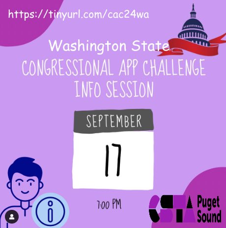 On Sep 17 from 7:00 - 8:00 PM, PSCSTA will host a virtual Info Session for the Congressional App Challenge (CAC) for all Washington teachers and students.

Visit the link below to register for the event:

pugetsound.csteachers.org/Events/congres…

#cs #csta #pscsta #wa #teach #teachcs