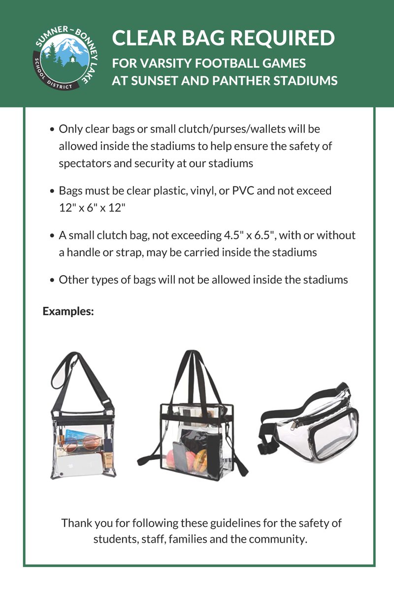 Planning to cheer on BLHS &amp; SHS at the varsity football games this season? Remember to bring your clear bags! To ensure the safety of spectators and security at our stadiums, only clear bags will be allowed at high school varsity football games at Sunset and Panther stadiums.