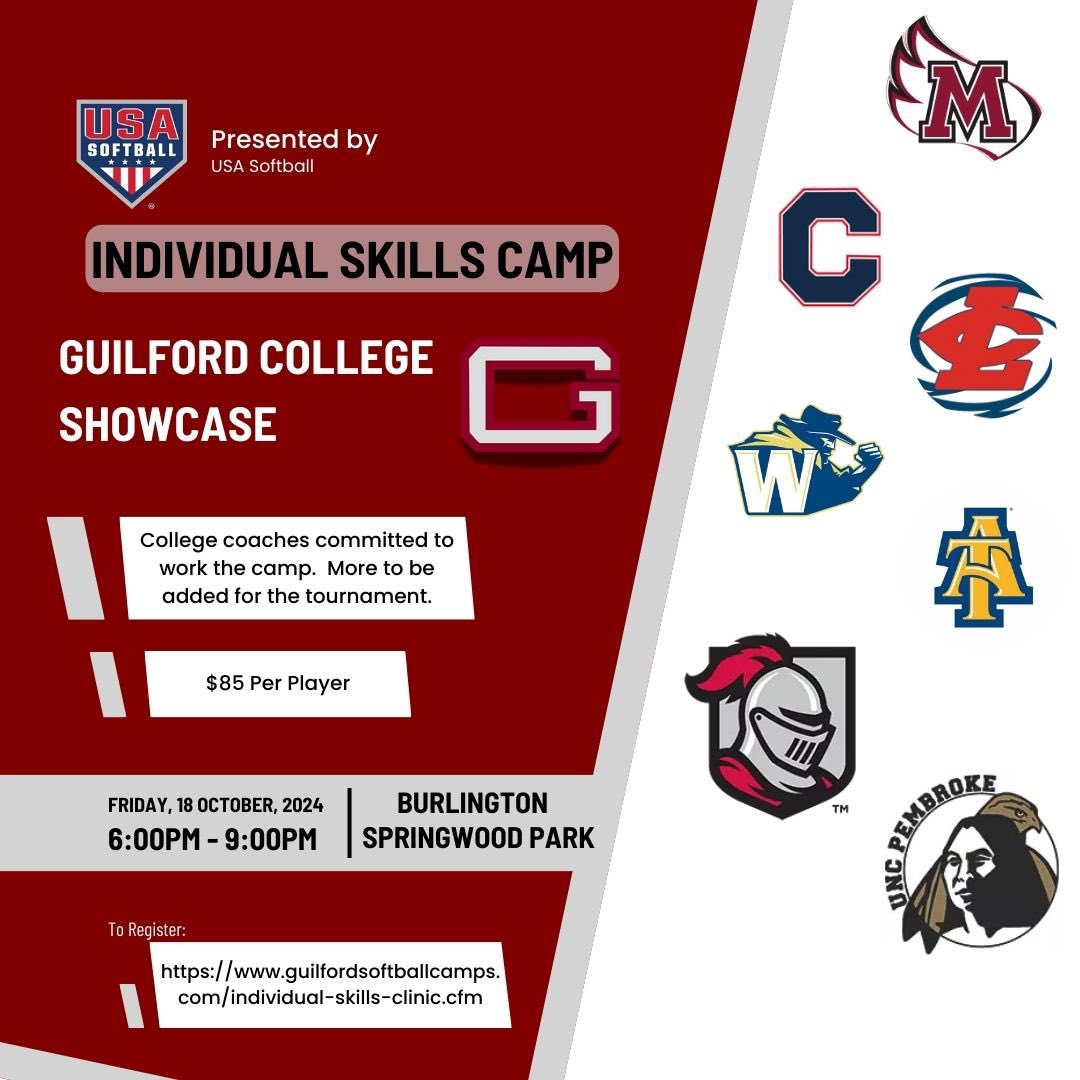 Looking to improve your skills and gain valuable exposure to colleges? Join the Guilford College Individual Skills Camp. Connect with coaches and enhance your game.

Register @ guilfordsoftballcamps.com/individual-ski…
