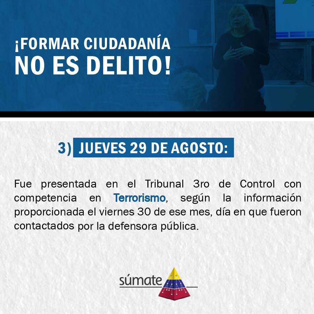 Sumate's tweet photo. Tras desconocer su paradero el día jueves #29Agos, su familia conoció el viernes #30Ago sobre su presentación en Tribunales con competencia en Terrorismo a través de un mensaje recibido de la Defensa Pública que se le fue asignada durante la audiencia celebrada el jueves #29Ago. https://t.co/nqHSueFJ9Q