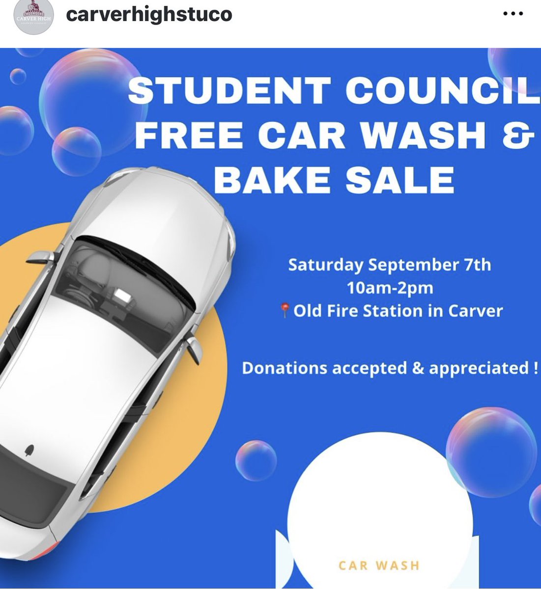 CHSstucoadvisor's tweet photo. This Saturday 10a-2pm, stop by the Carver Old Fire Station and support the HS students at Carver Public Schools 💦🧽🪣 raising money activities during the school year. 

**Please share and cross post** https://t.co/Jn3YmXcMHz