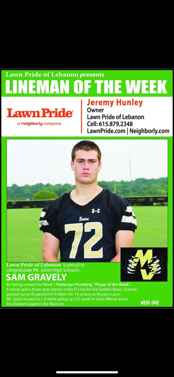 Very thankful to be named Wilson County Lineman of the Week!
<a href="/MJGOLDENBEARFB/">MT. JULIET FOOTBALL</a> <a href="/ChaseHowland66/">Coach Howland</a> <a href="/shaeeflatt/">Shaee Flatt</a> <a href="/OnTopAthletics/">OnTopAthletics Inc📚🏈⚾️</a>
