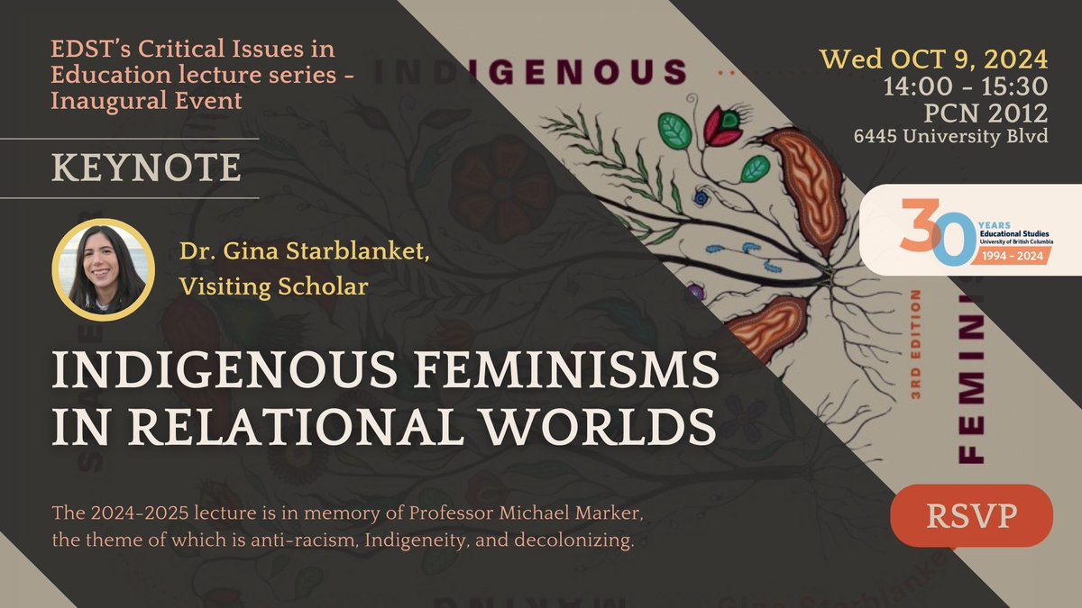 Join us on Wednesday, October 9, 2024 for the Keynote: Indigenous Feminisms in Relational Worlds!

This talk focuses on Indigenous feminist expressions and movements towards relationality with other living beings and the living earth.

Learn more:
edst.educ.ubc.ca/events/event/k…